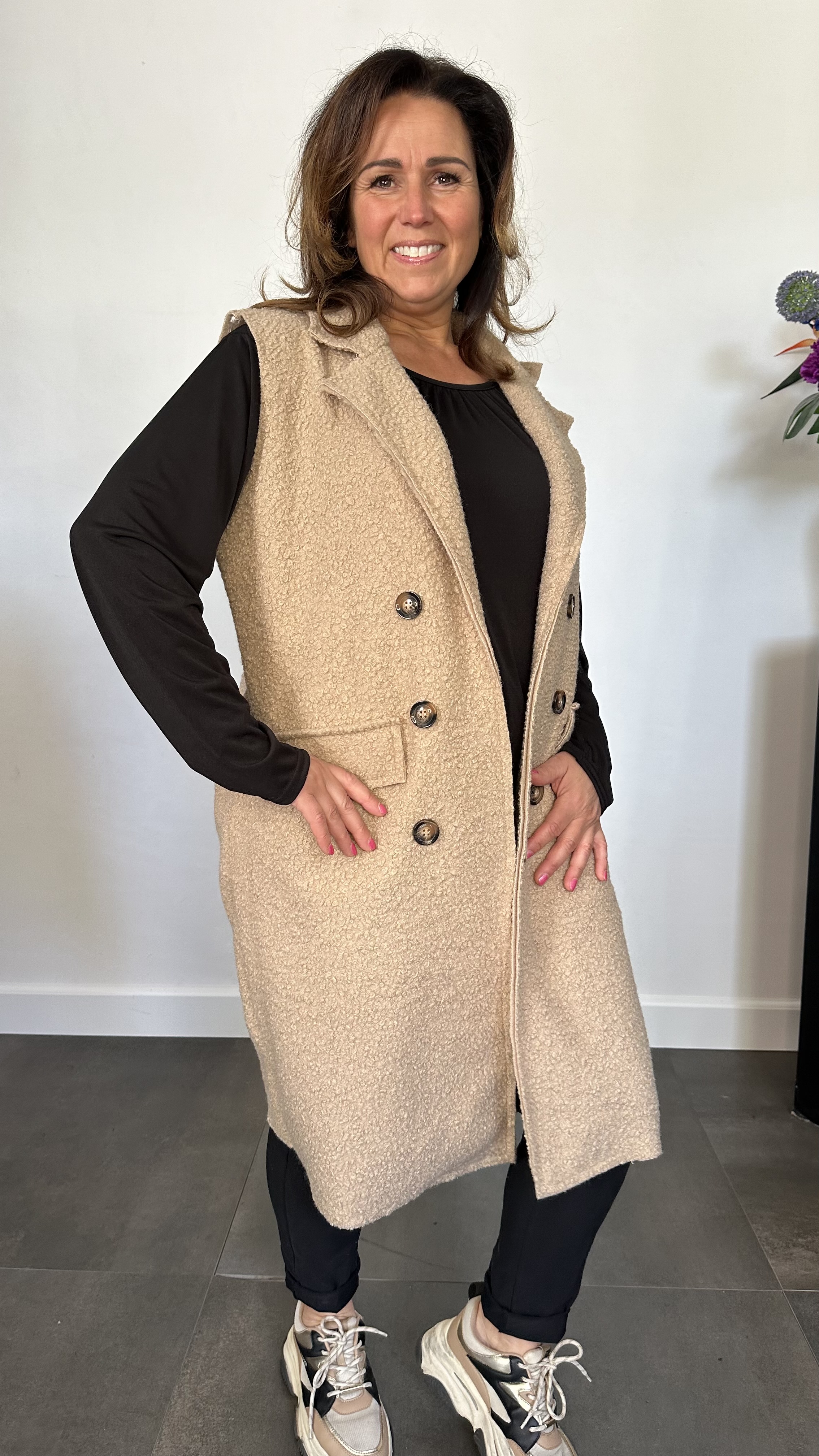 Lange teddy bodywarmer camel