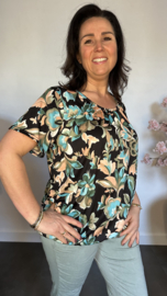 Ballon shirt met elastiek gebloemd turquise/ peach