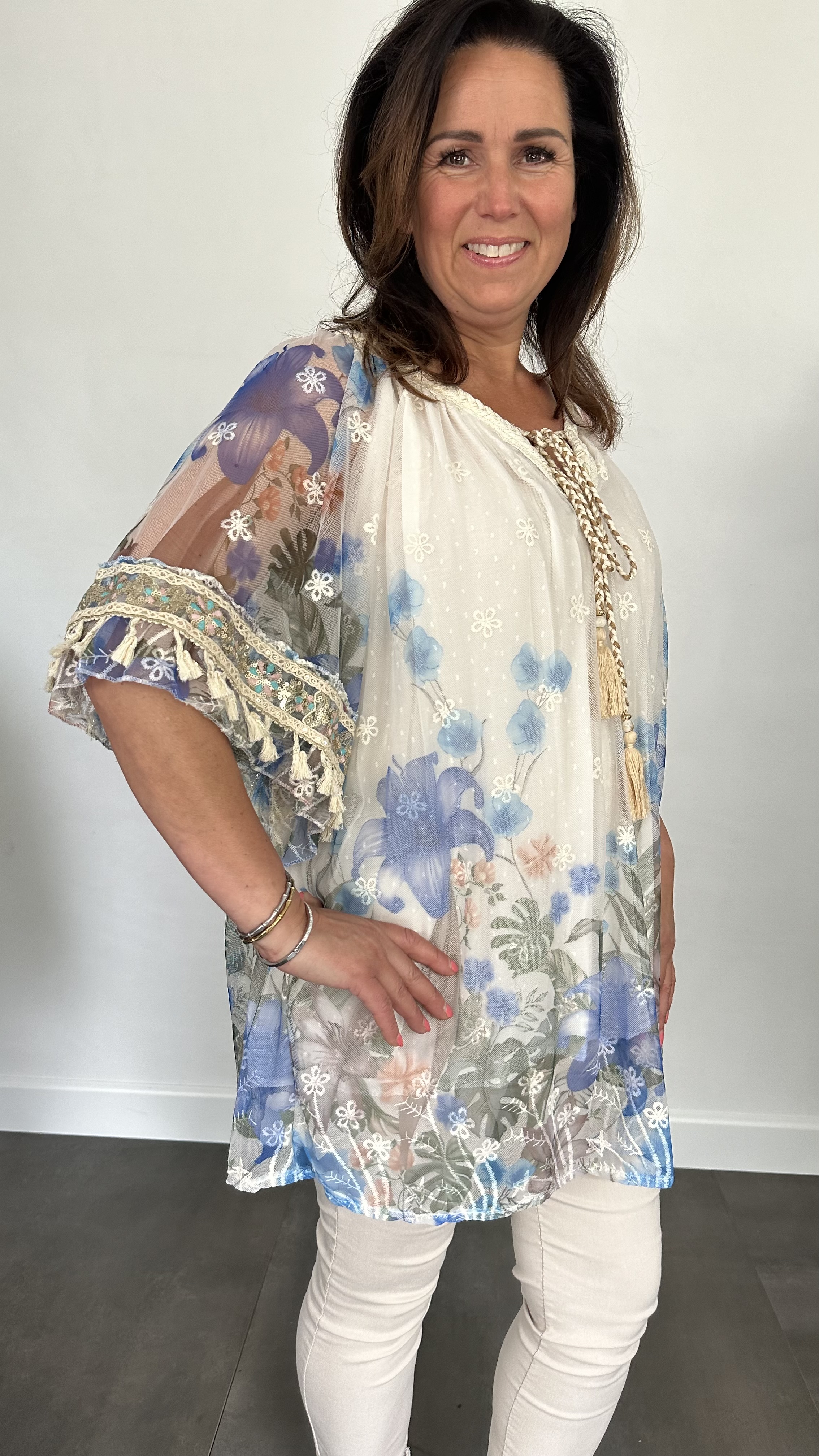 Tule tuniek met bloemen print +SIZE kobalt