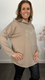 Sweater met capuchon/ glitter hart Taupe