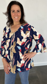 Shirt met flared mouw soft marble marine/zand