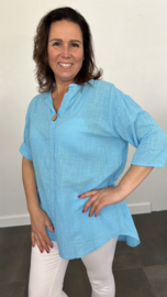 Linnenlook blouse met knoop turquoise
