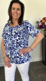 Ballon shirt met elastiek flowers blauw(+size)