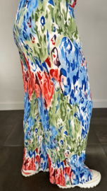 Plisse broek met wijde pijp coloured flames blauw SALE