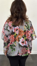 Blouse met boord roos zwart/grijs +SIZE