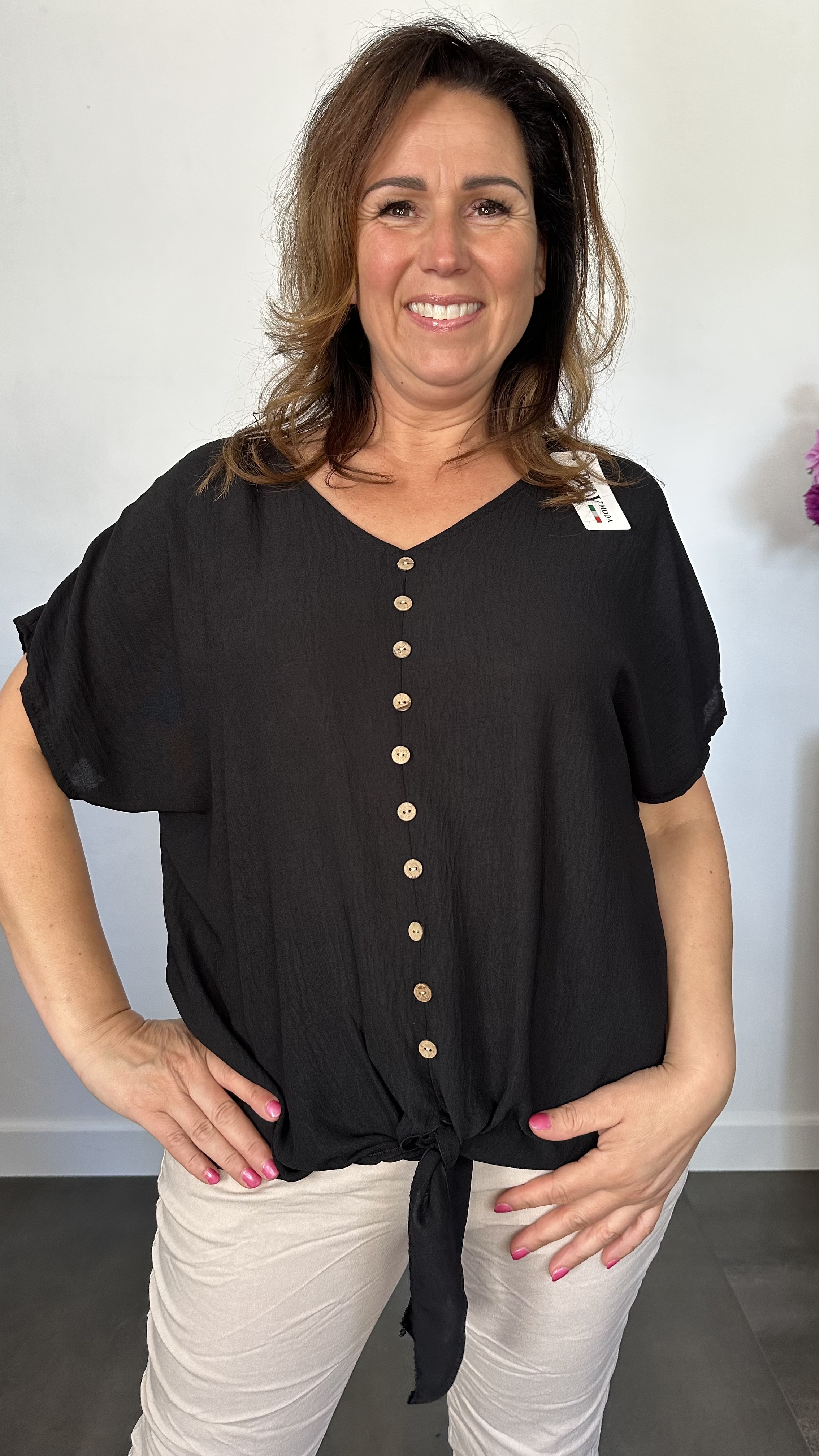 Crepe shirt met knoop zwart