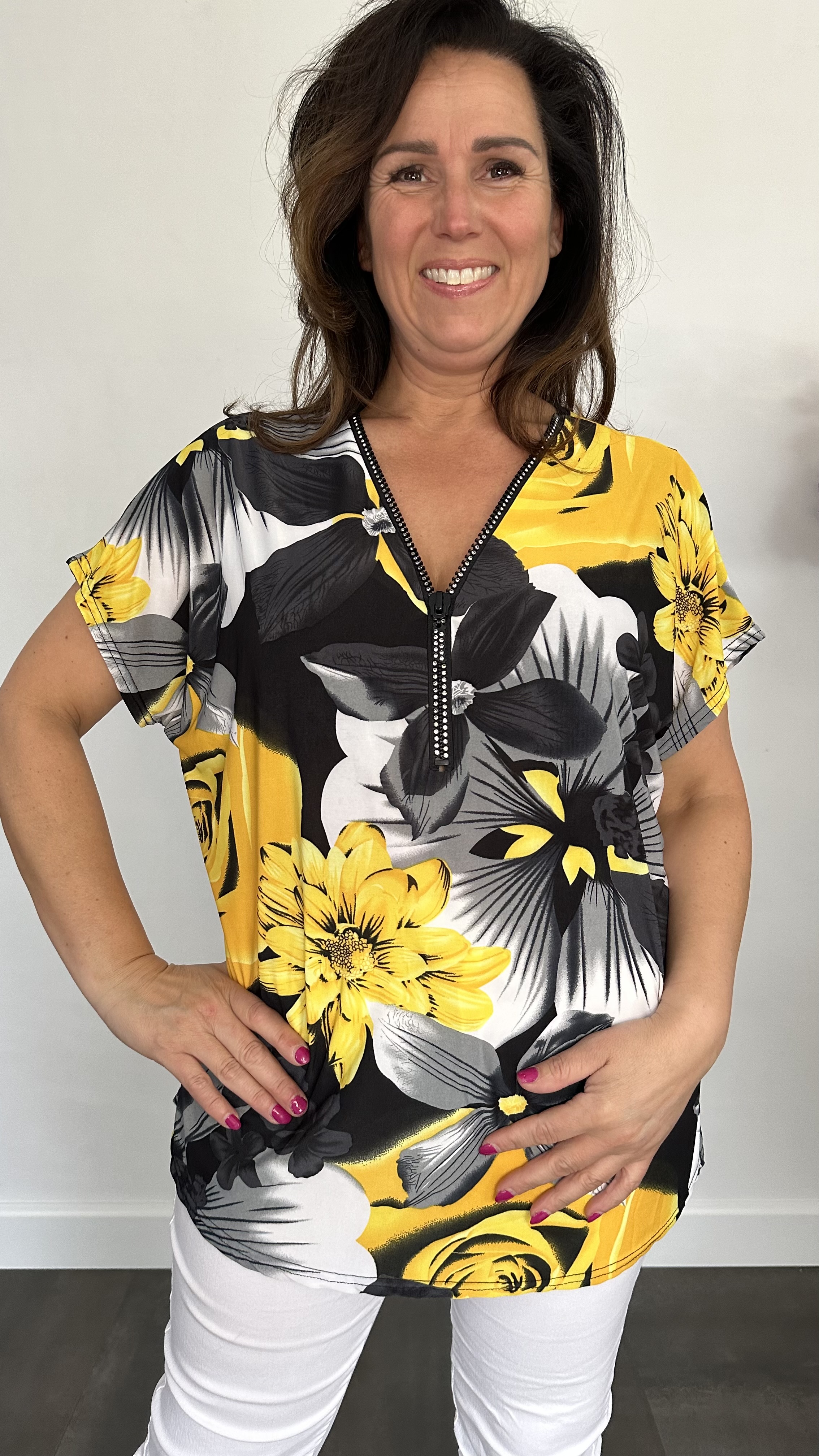 Shirt Zipp gebloemd geel