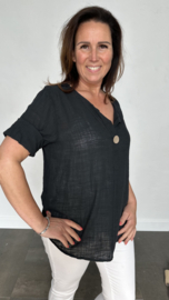 Linnenlook blouse met knoop zwart