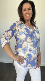 Kanten blouse gebloemd 2-delig kobalt blauw