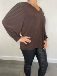 Shirt met v-hals en pofmouw travel donker bruin SALE