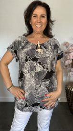 Shirt met koord travel Graphic flowers zwart/wit