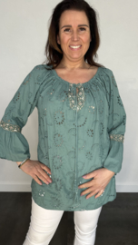 Broderie blouse met flared mouw zeegroen