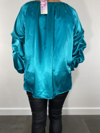 Silky blouse met gesmokte mouw turquoise