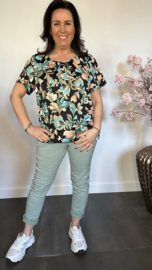 Ballon shirt met elastiek gebloemd turquise/ peach