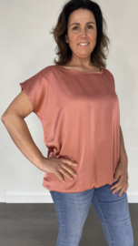 Satijn look shirt met elastiek onderin donker roze