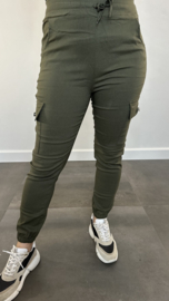 Cargo stretch broek met elastiek donker Groen SALE