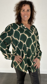 Velvet shirt met v-hals en pofmouw giraffe +SIZE groen
