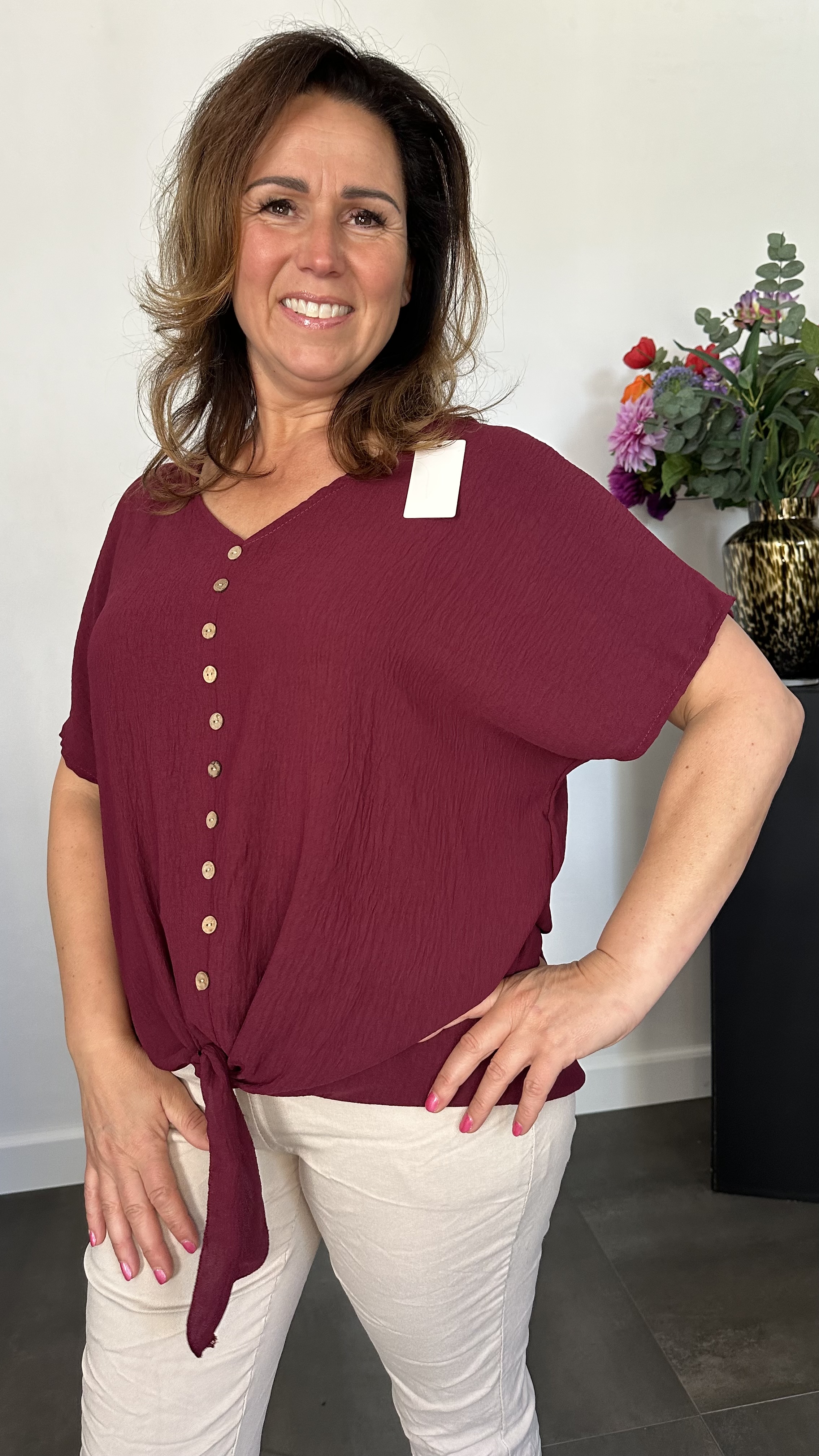 Crepe shirt met knoop bordeaux