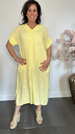 Linnenlook jurk met gehaakt kant Geel