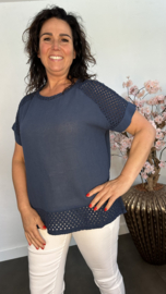 Linnenlook shirt met gehaakt kant Marine