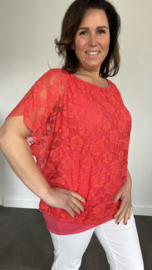 Blouse met boord KANT koraal