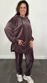 2-Delig velvet comfy pak met capuchon plum  +SIZE SALE