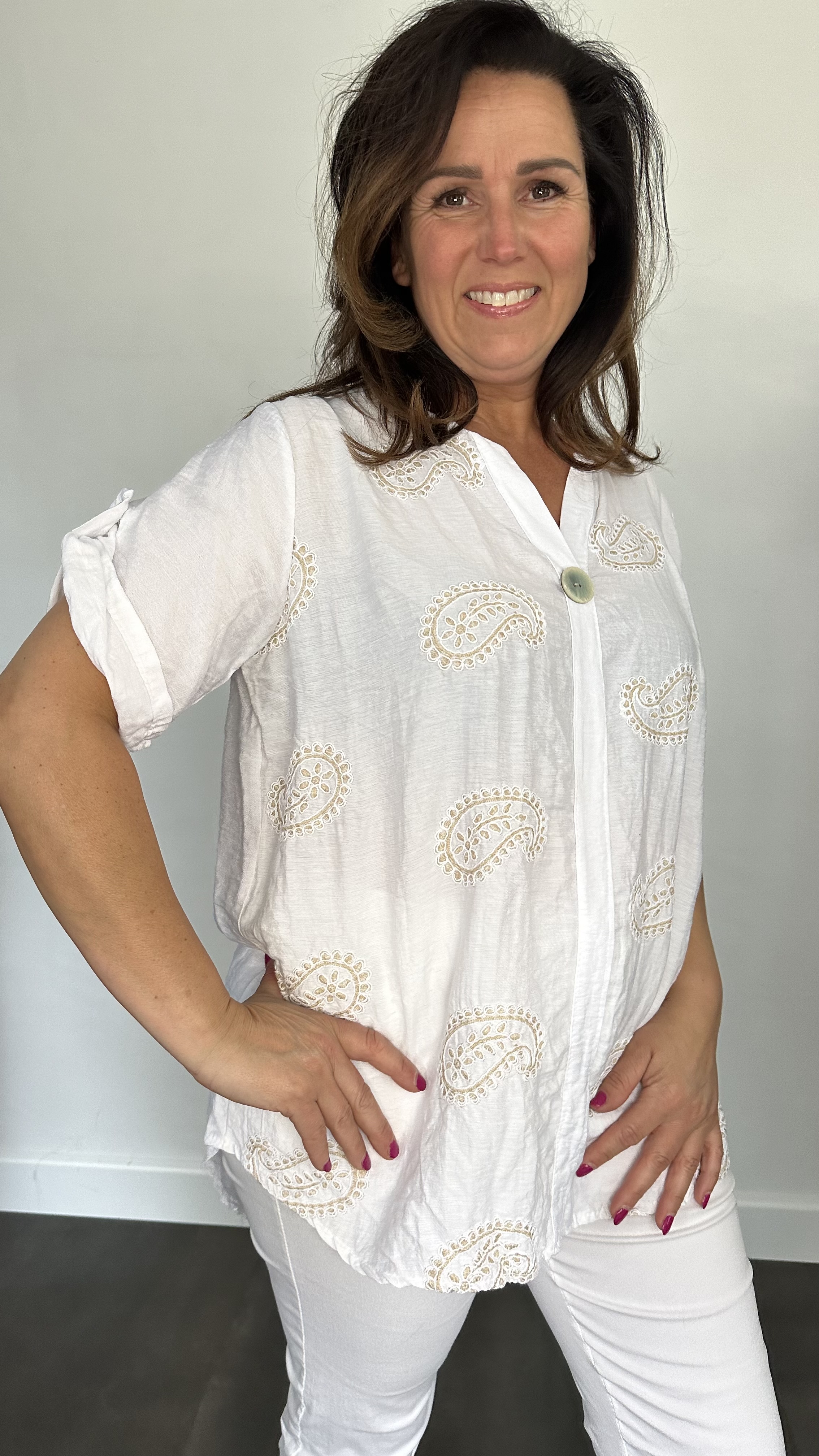 Linnenlook blouse met knoop Amanda wit