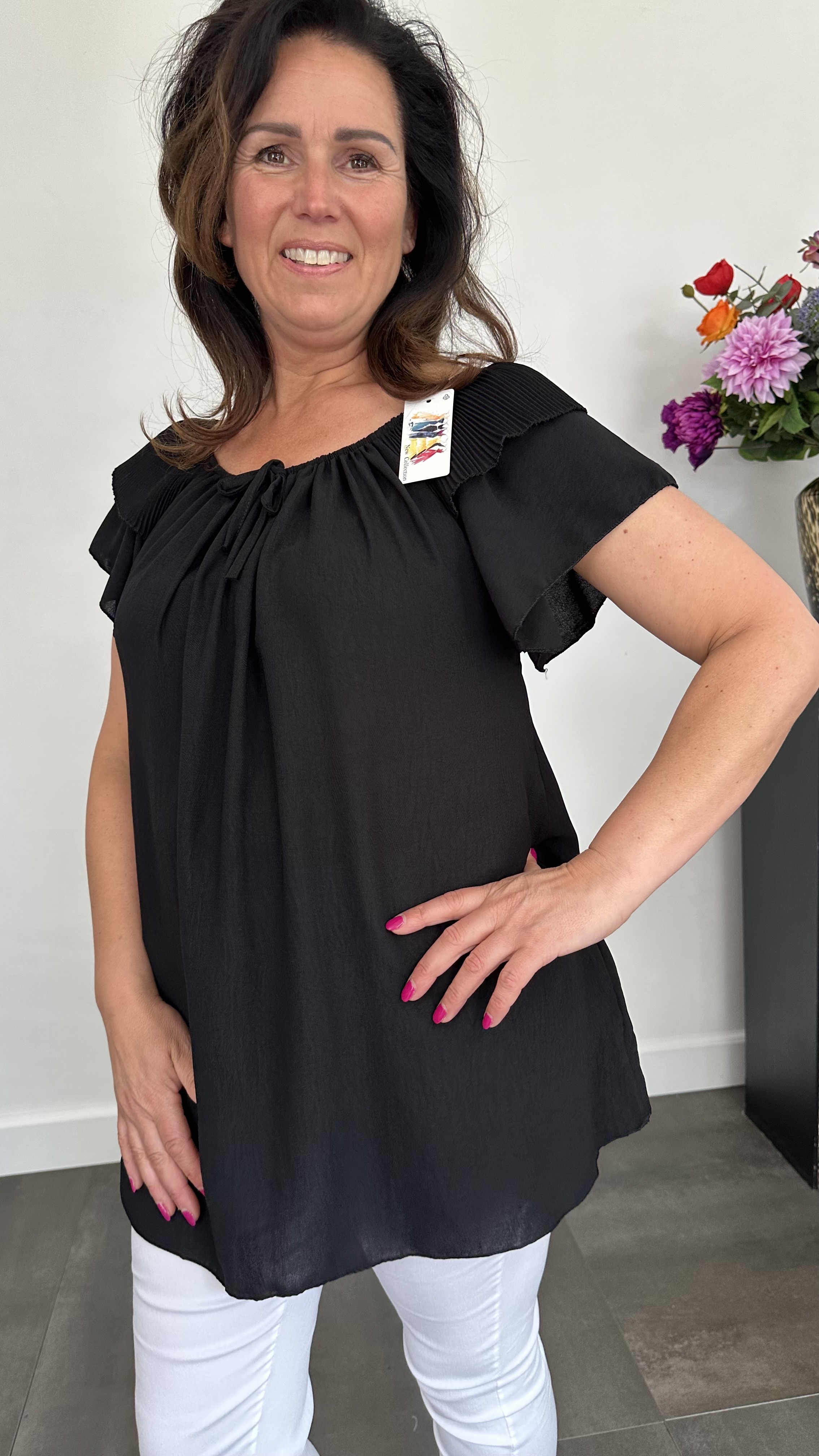 Top Kenza met plissé ruche zwart SALE