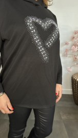Sweater met capuchon/ glitter hart Zwart