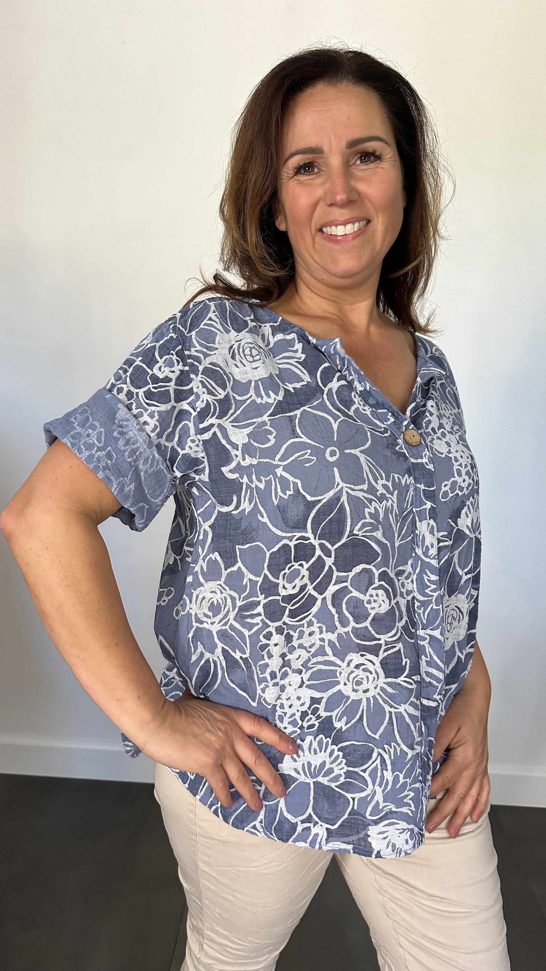 Linnenlook blouse new flower jeans blauw