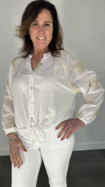 Blouse Beverly met knoop ecru/ goud geborduurde blaadjes