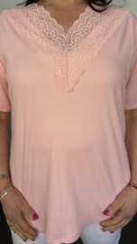 Ribbel shirt met kanten V-hals Roze