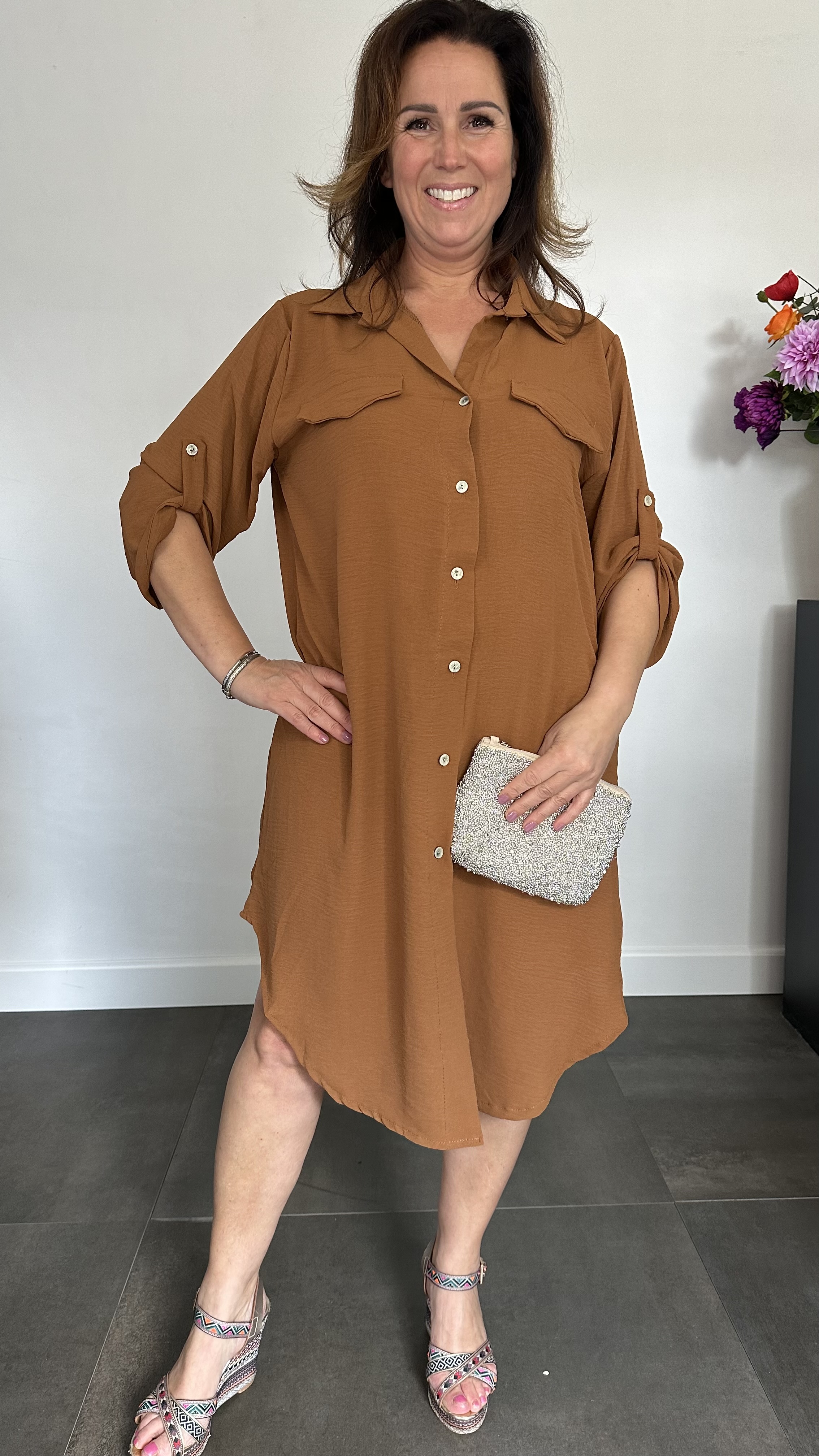 Blouse/ jurk crepe cognac