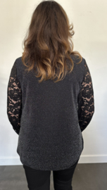 Blouse sparkle met kanten mouw zwart/ zilver SALE