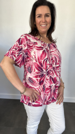 Ballon shirt met elastiek leaves fuchsia (+size)