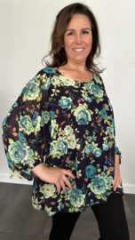 Ballon blouse roos marine/ groen +SIZE extra
