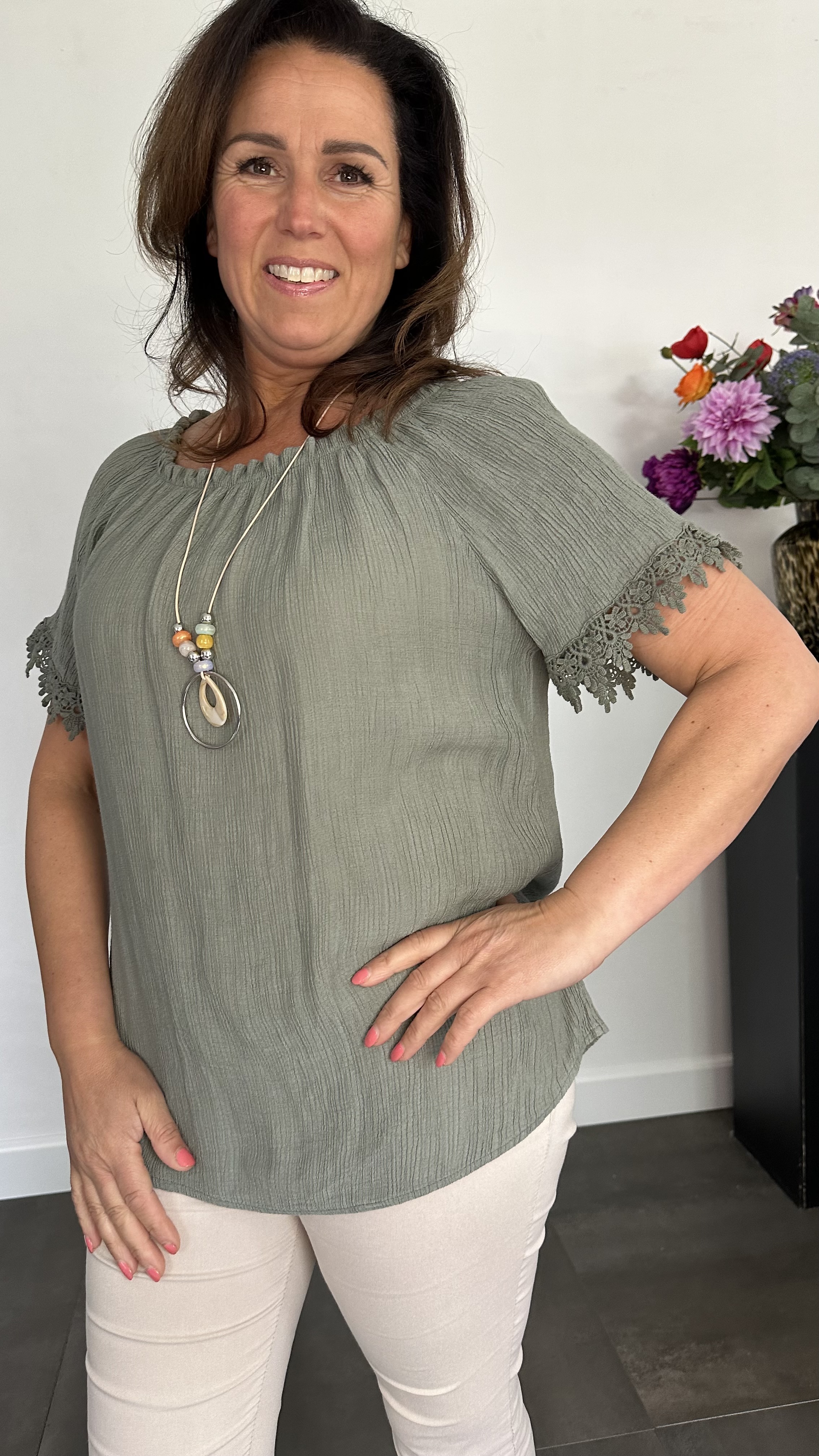 Crinkle shirt met kant army