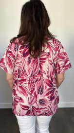 Ballon shirt met elastiek leaves fuchsia (+size)