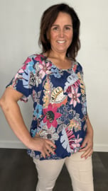 Ballon shirt met elastiek fantasy flowers & leaves marine (+size)