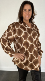 Velvet shirt met v-hals en pofmouw giraffe +SIZE camel