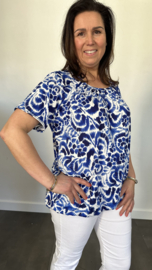 Ballon shirt met elastiek flowers blauw(+size)