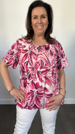 Ballon shirt met elastiek leaves fuchsia (+size)
