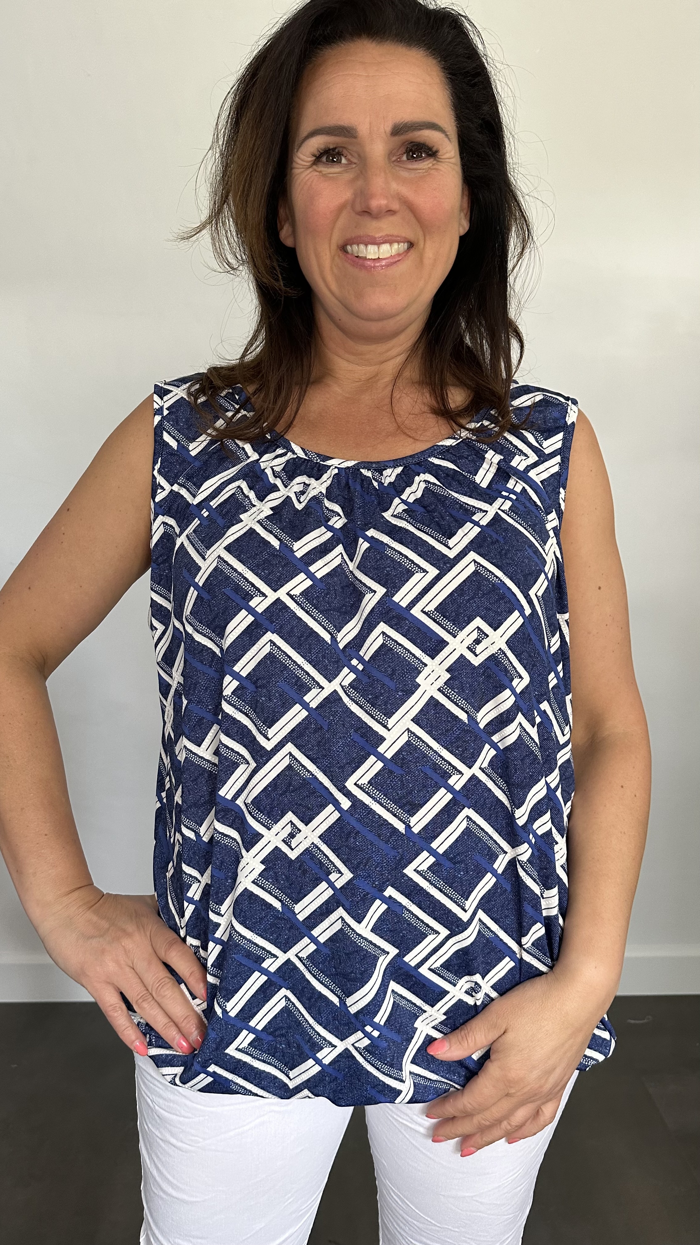 Ballon top denim ruit