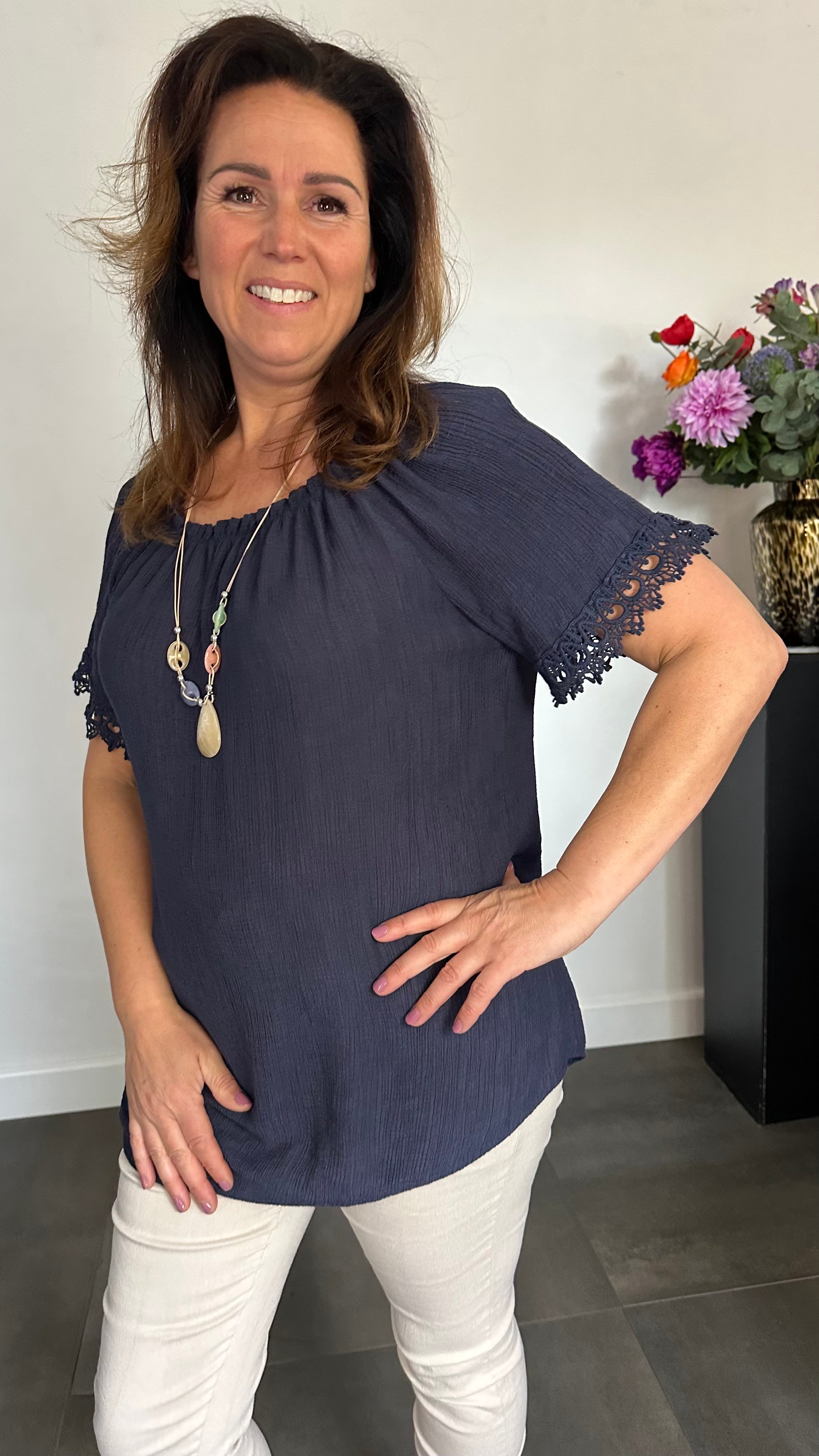 Crinkle shirt met kant marine
