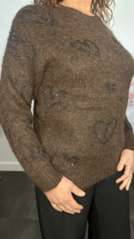 Gebreide trui met glitter hartjes Bruin