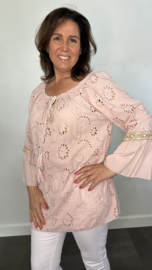 Broderie blouse met flared mouw oud roze SALE