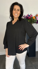 Crepe blouse met v-hals en pofmouw Zwart