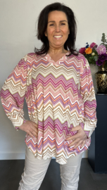 Soft shirt met v-hals en pofmouw Zig zag fuchsia