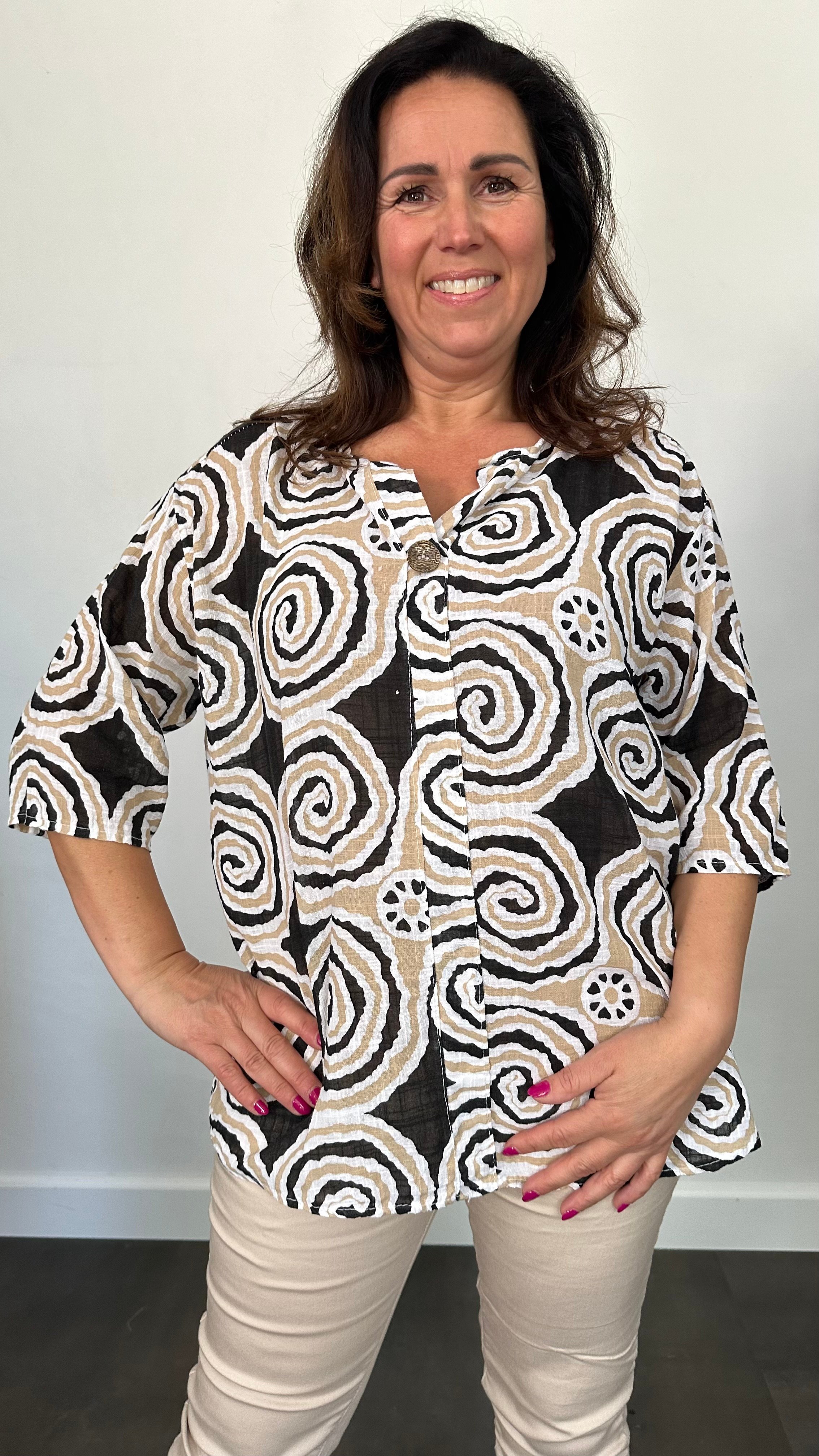 Linnenlook blouse cirkels zwart