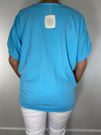 Opengewerkte blouse met knoop turquoise